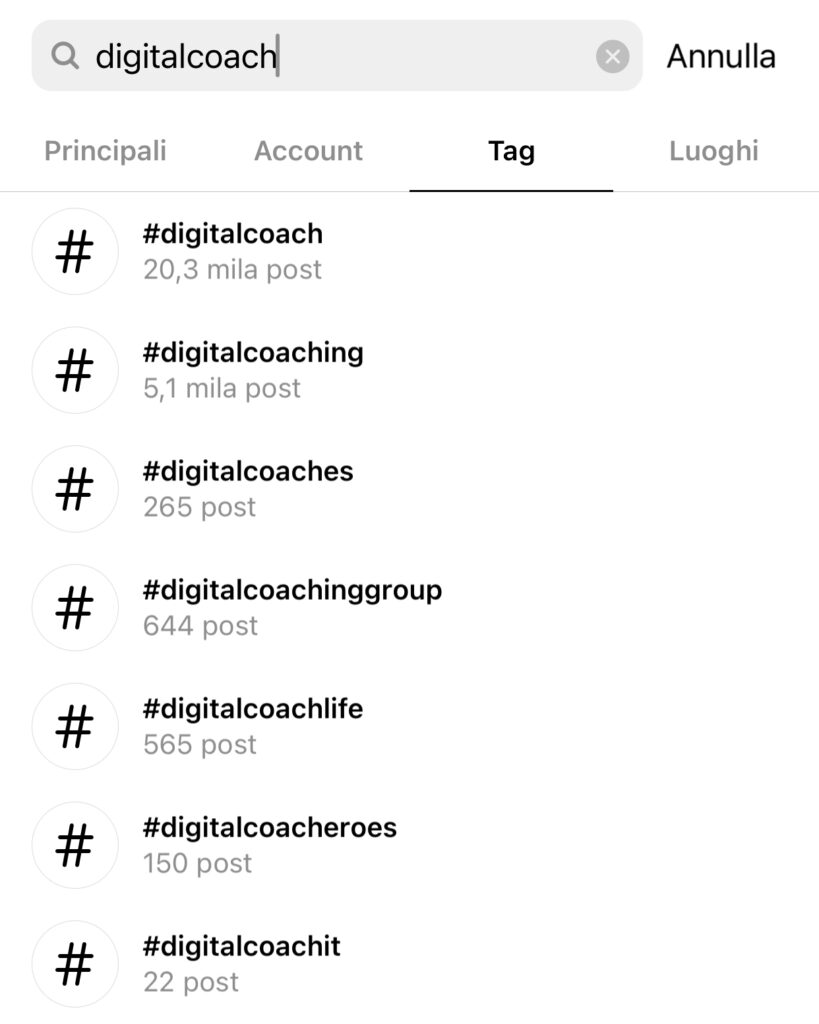 lista di hashtag
